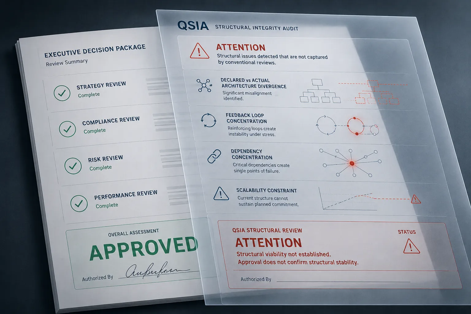 Two audit reports side by side: a conventional Executive Decision Package stamped APPROVED, and the QSIA Structural Integrity Audit flagging ATTENTION for structural issues conventional reviews miss.