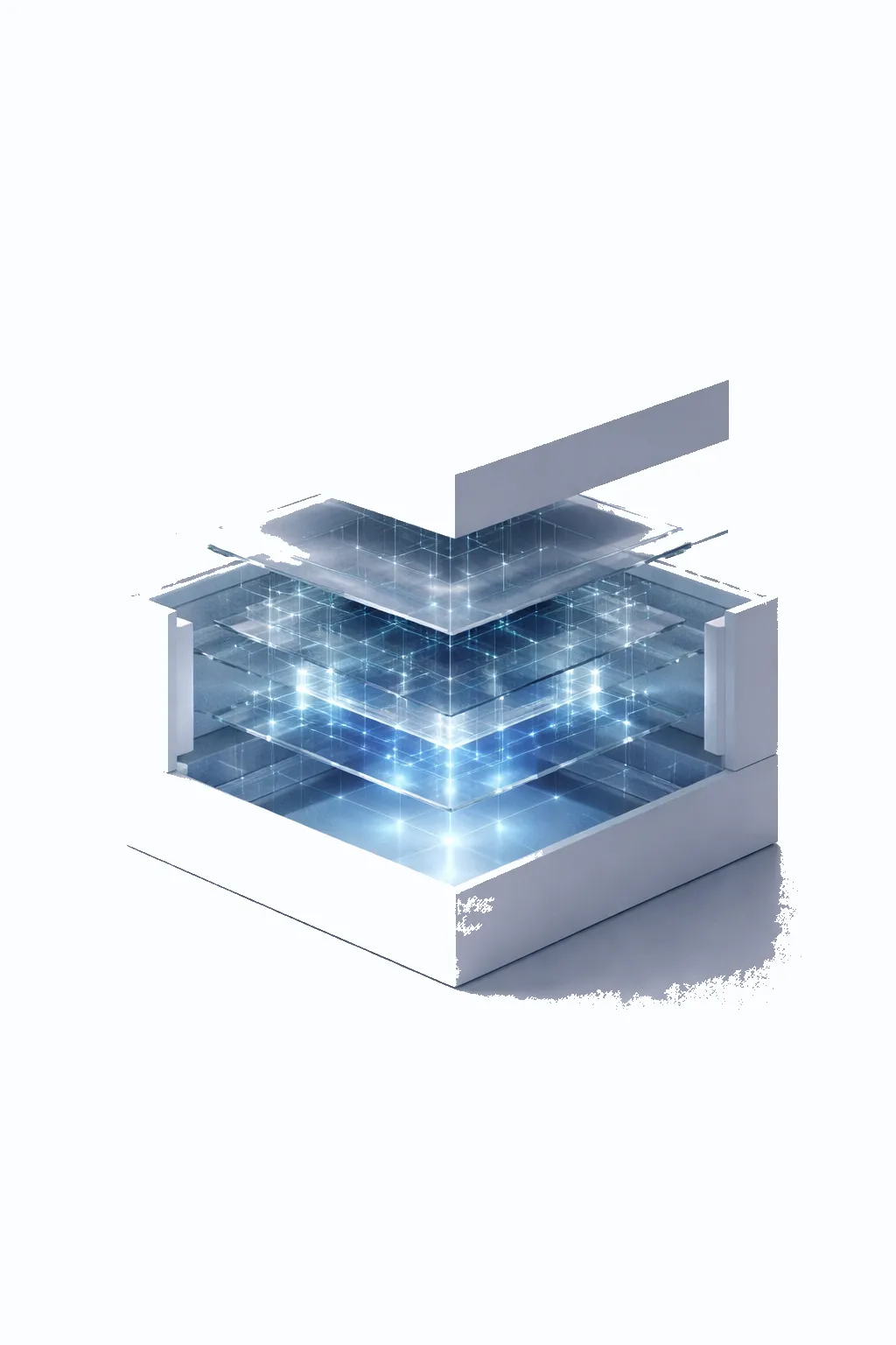 A structure lifted open to reveal its internal layers of glowing data